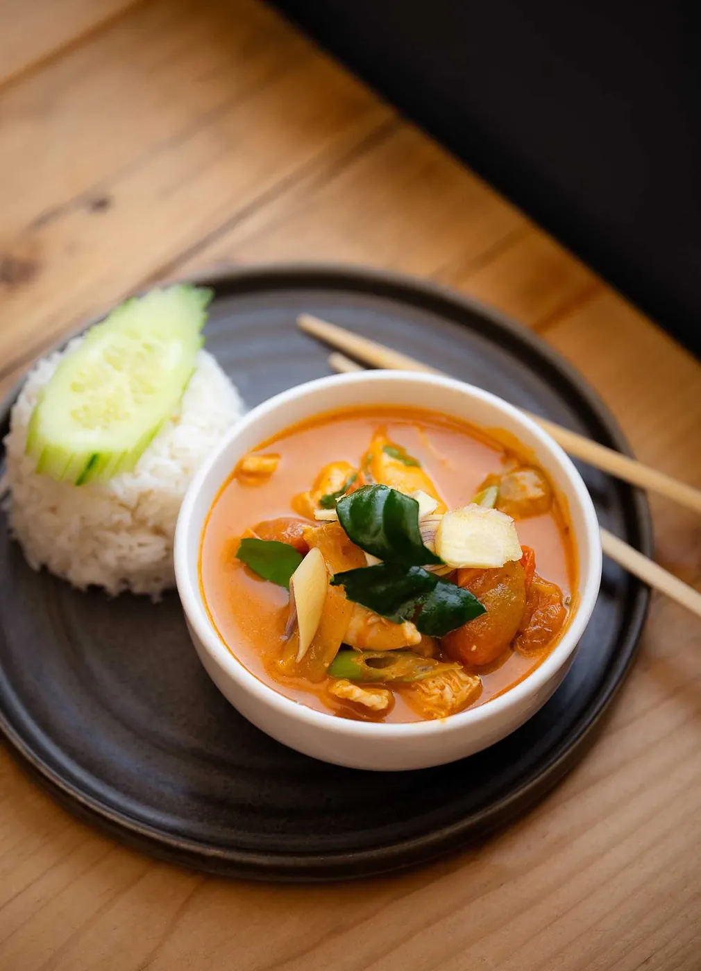 Thai red curry with jasmine rice served at The Tiny Thai